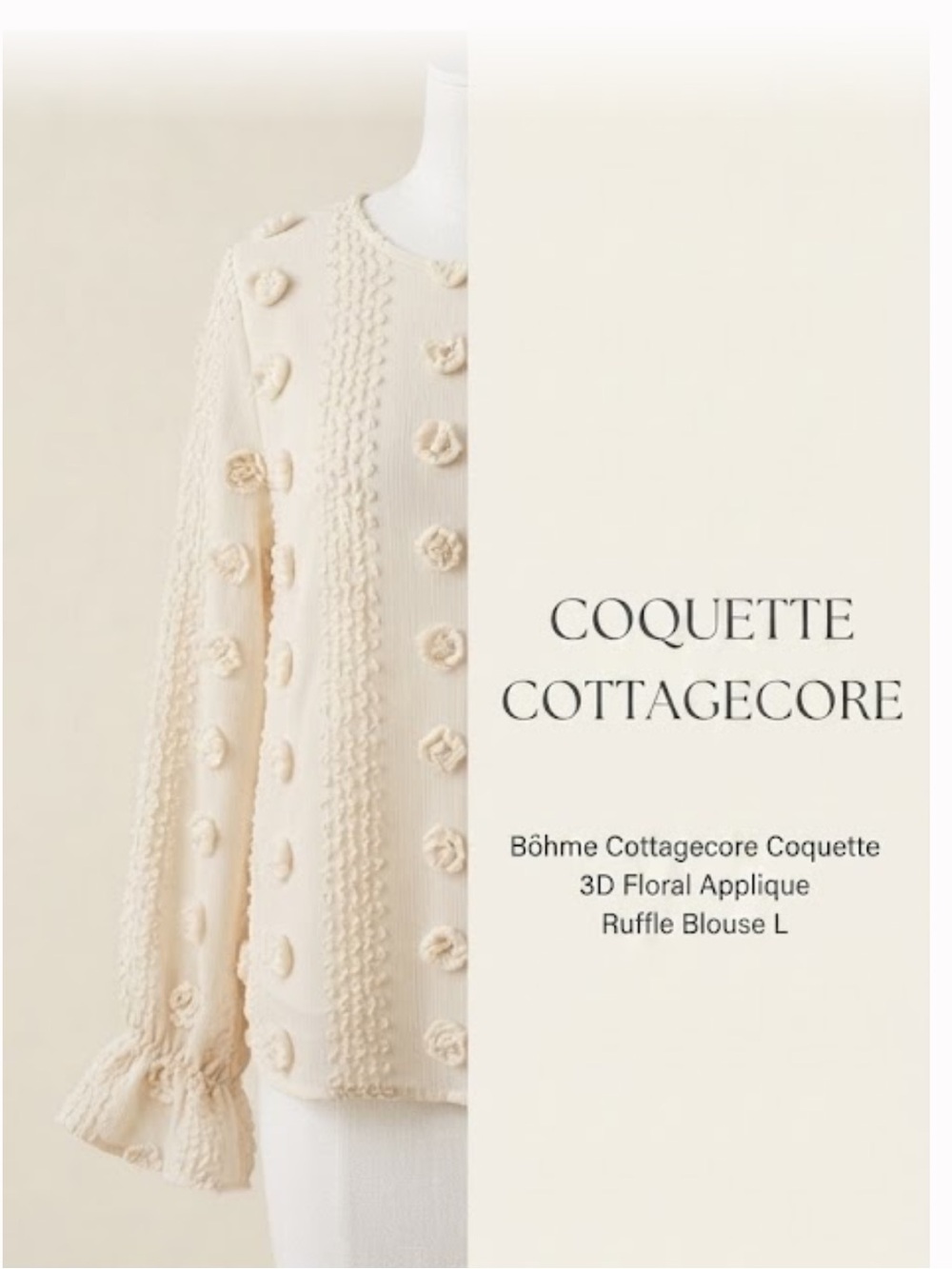 Böhme   Ivory Cottagecore Coquette 3D Floral Applique  Sz L Ruffle Blouse